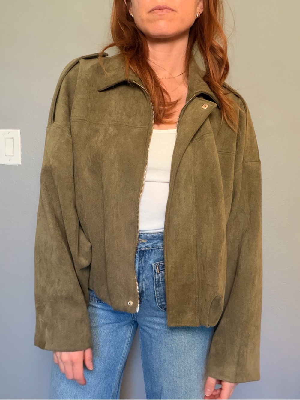 Zara Olive Suede Zip-Front Women's Jacket - Picture 2 of 5